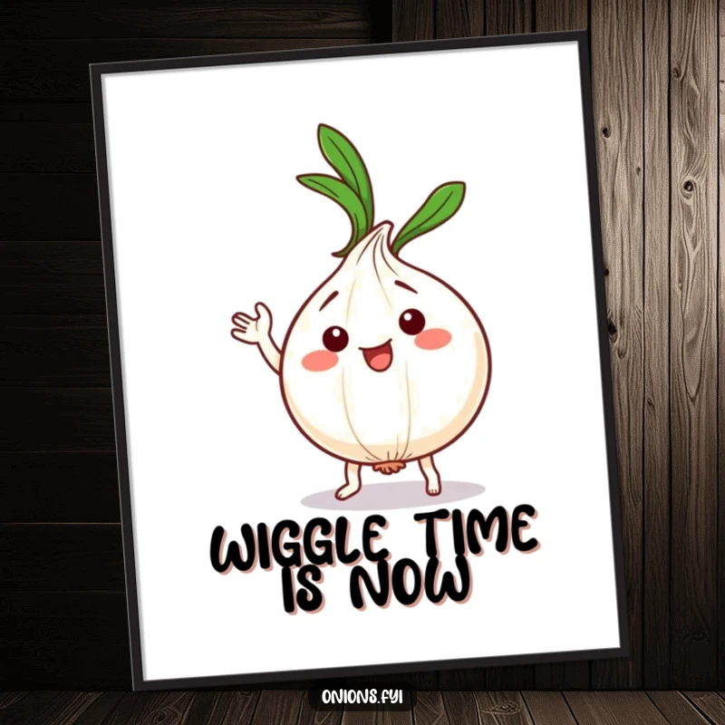 Funny Kawaii Onion Dance Digital Art Print: Cute onion character dancing silly, leafy top waving, ideal funny gift.