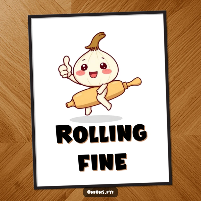 Funny Kawaii onion character giving thumbs up riding a tiny rolling pin, digital art with cute, humorous kitchen theme, instant download.