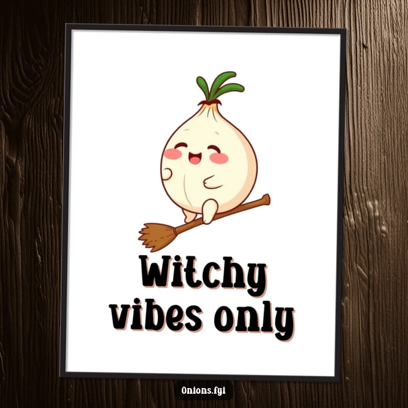Funny digital art print of a plump kawaii onion giggling while riding a tiny broomstick, ready for instant download and magical display.