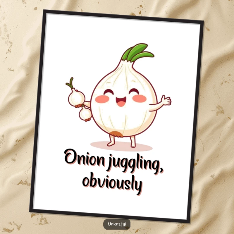 Funny digital art print of a kawaii onion with tiny feet, gleefully juggling three small onions, ready for instant download and display.
