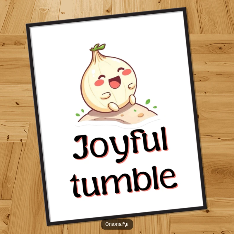 Funny Kawaii onion character laughing while rolling down a small hill, digital art with joyful and humorous theme, instant download.