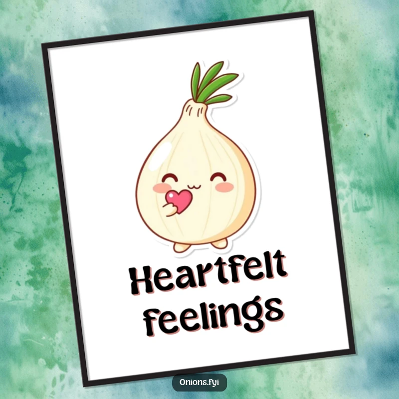 Funny Kawaii onion character holding a tiny heart above its head with affection, digital art with cute and loving theme, instant download.