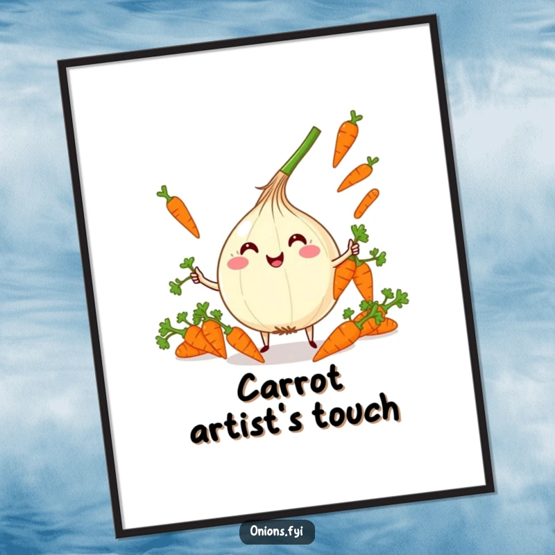 Funny Kawaii Onion Juggling Digital Art Print: Cute onion character juggling carrots with glee, ideal funny gift.