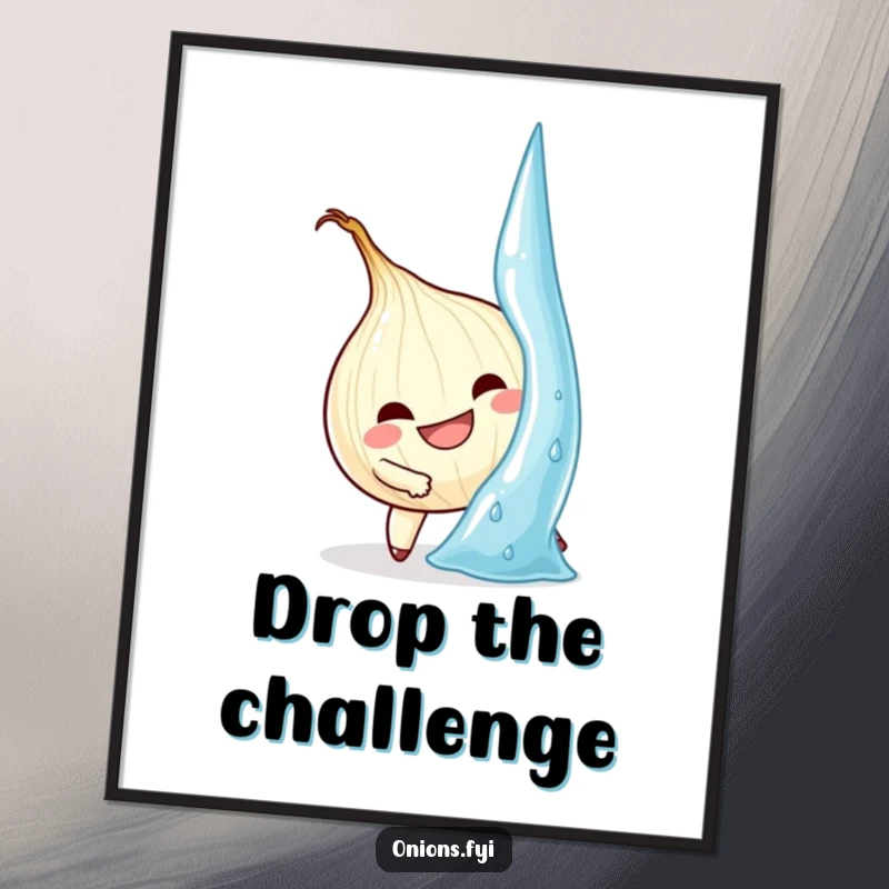 Funny Onion Digital Art: Determined onion character climbs a gigantic water droplet, motivational and humorous art.