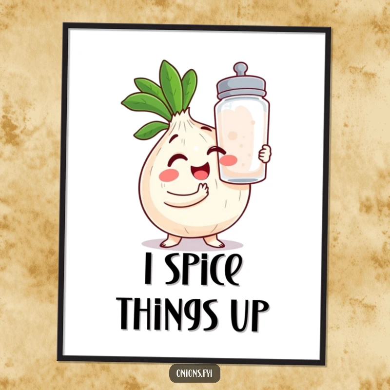 Funny Onion Digital Art Print: A winking kawaii onion holding a giant salt shaker, ready to add humor to any room.