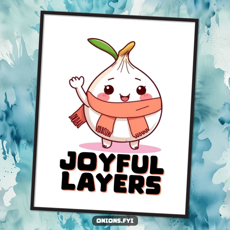 Funny digital art print of a joyful onion character wearing a small scarf and waving.