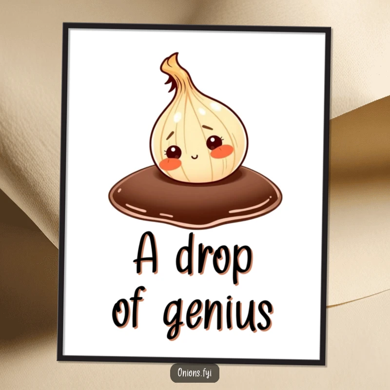 Funny digital art print of an onion character curiously investigating a massive drop of soy sauce, a humorous kitchen decoration.