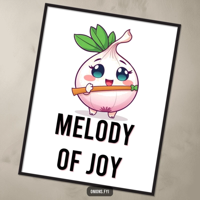 Funny onion character with excited eyes plays a leaf-shaped flute, creating joyful and humorous digital art.