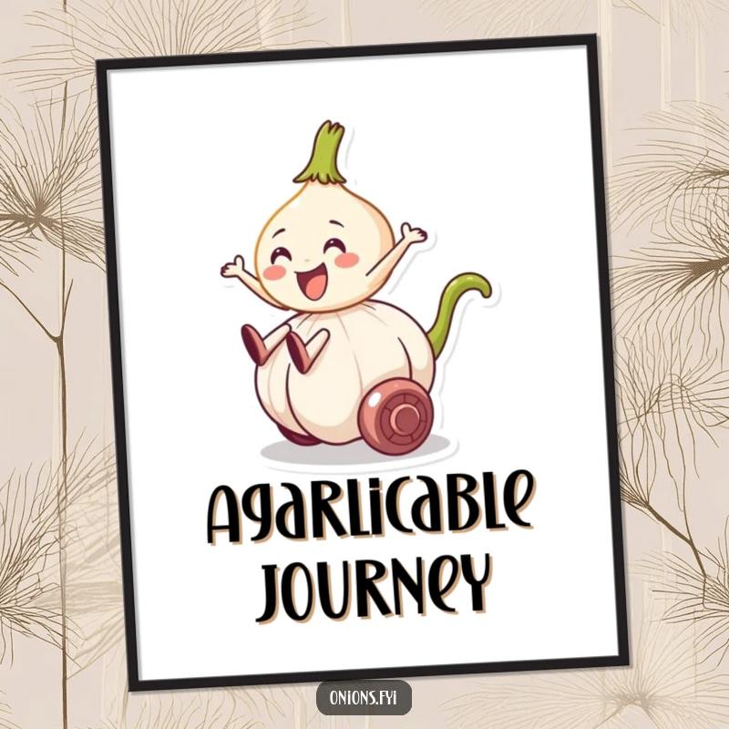 Funny digital art of an onion character riding a rolling garlic clove, a humorous and instantly downloadable piece.
