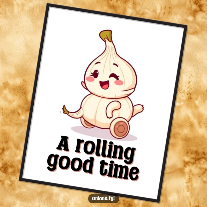 Funny digital art print of a winking onion character riding a rolling garlic clove, a humorous piece.