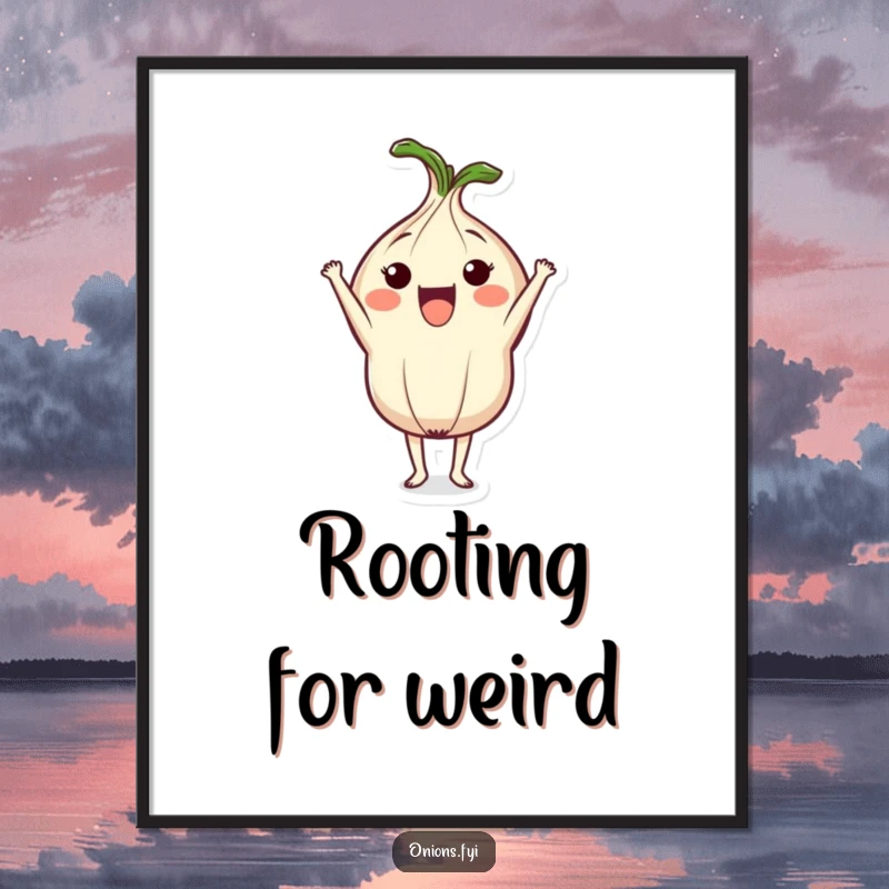Funny digital art print of a cute onion in a headstand, offering instant wall decor and a humorous, energetic visual for any space.