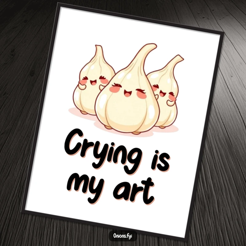 Funny digital art print of giggling onions playing hide-and-seek behind garlic cloves, whimsical and humorous vegetable illustration.