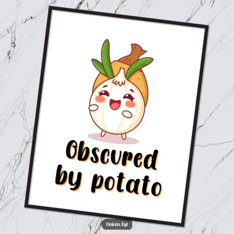 Funny onion character hiding behind a potato, presented as a digital art print, ready to add playful humor to any space.
