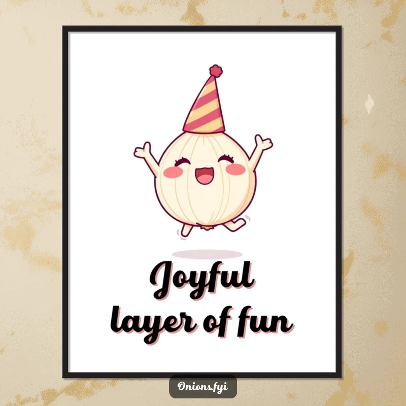 Funny onion character in party hat, leaping joyfully, digital art, festive and funny gift.