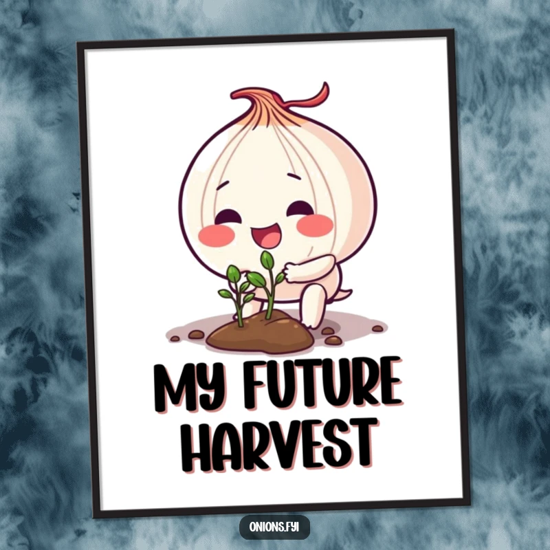 Funny digital art print of an onion character enthusiastically planting a tiny seedling, evoking nature and new life.