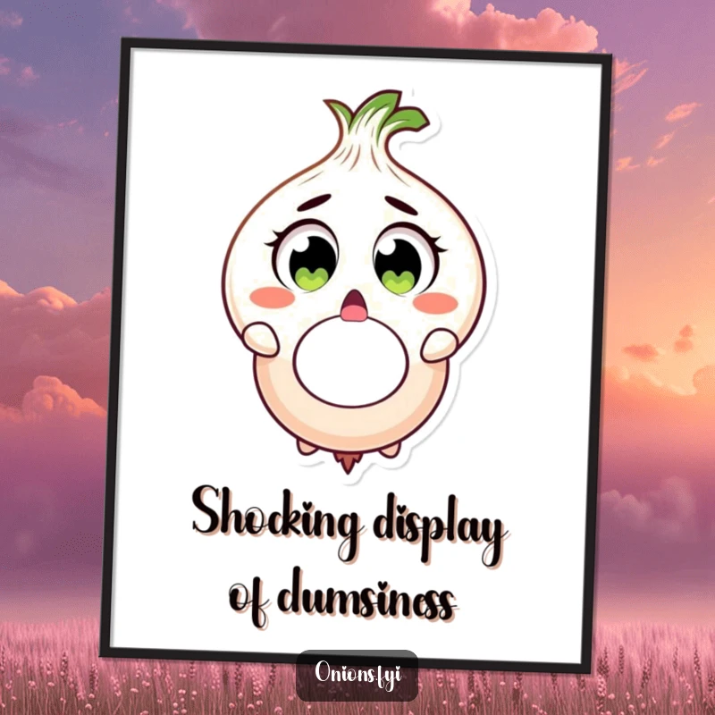 Funny onion character surprised, dropping large onion ring, digital art, humorous wall decor, funny gift.