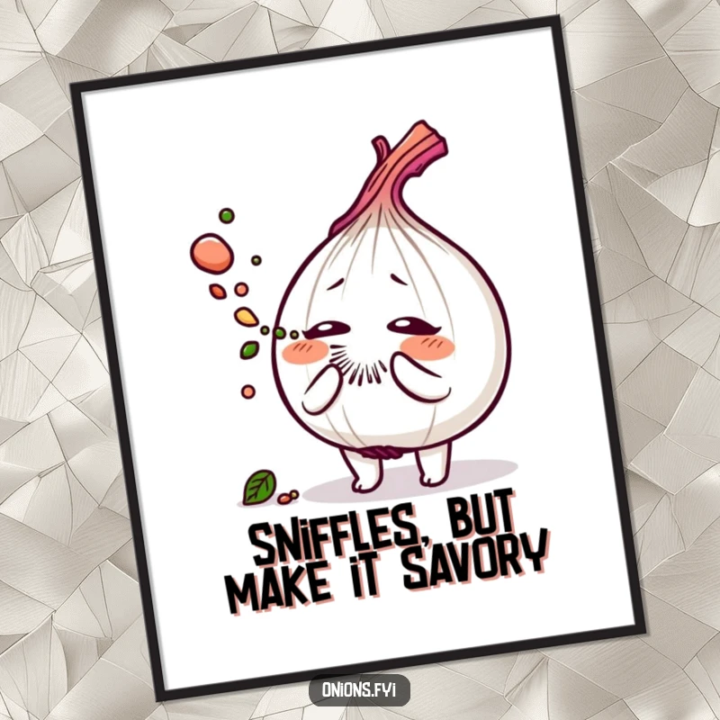 Funny digital art print of an onion character sneezing a cloud of savory herb dust, a whimsical wall decor.