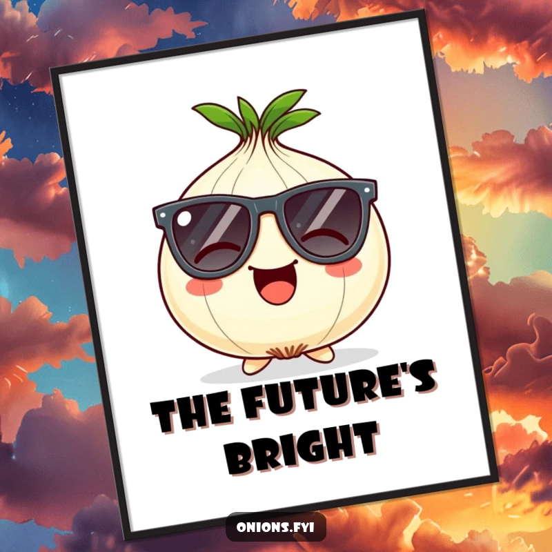 Funny Onion Digital Art: Giggling onion character wears oversized comical sunglasses, instantly cool and humorous wall art.