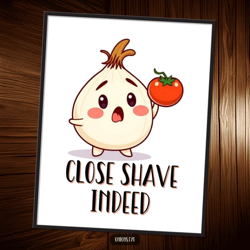 Funny onion character gasping, a tomato falling, depicted as high-resolution digital art for funny gifts.