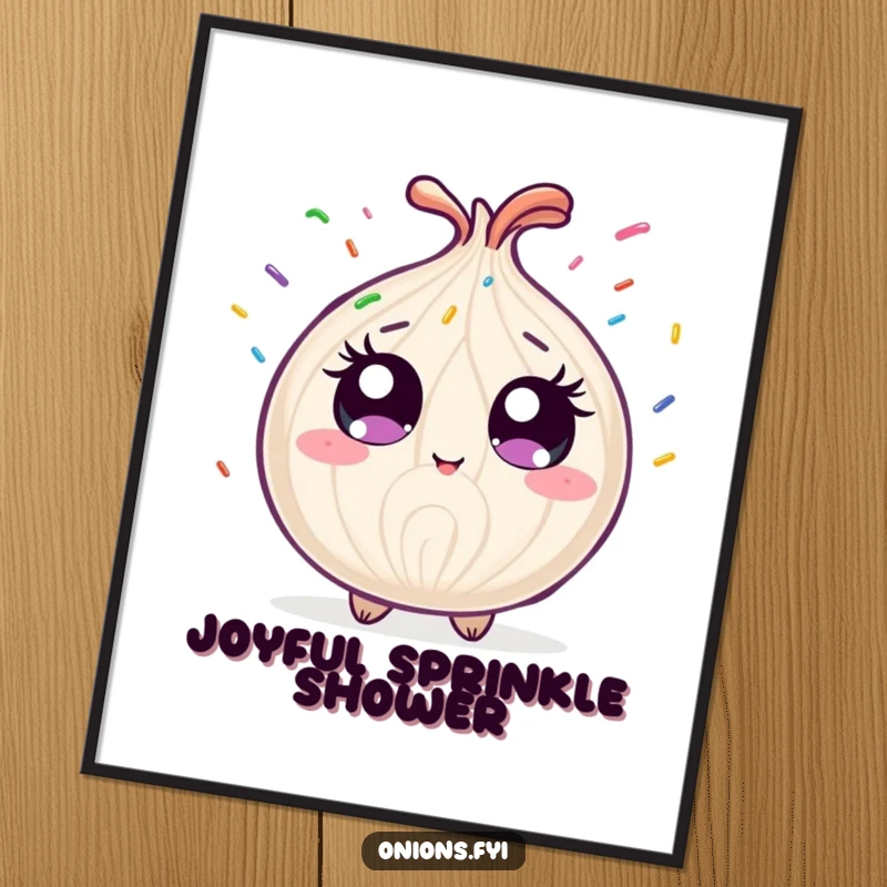 Funny onion character showered by rainbow sprinkles, humorous digital art print for home decor, instant download.