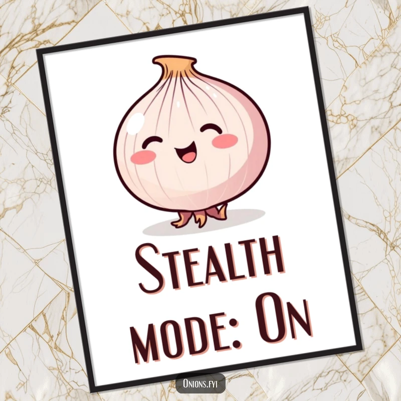 Funny Stealthy Onion Digital Art Print of a happy onion tiptoeing stealthily on its roots, for subtle decor.