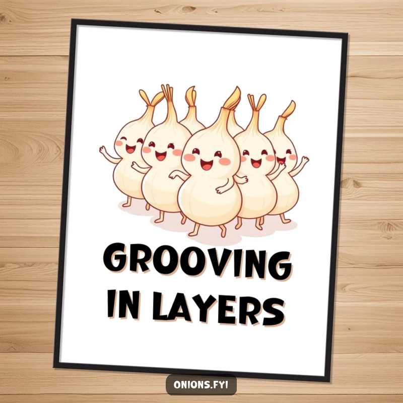 Funny happy onions dancing in a conga line, captured as high-resolution digital art for funny gifts.
