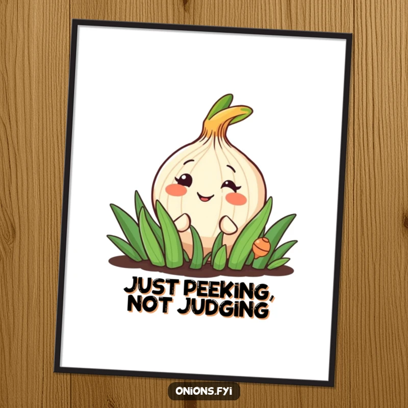 Funny digital art print of a happy onion peeking from a garden patch with a wide, cheerful grin.