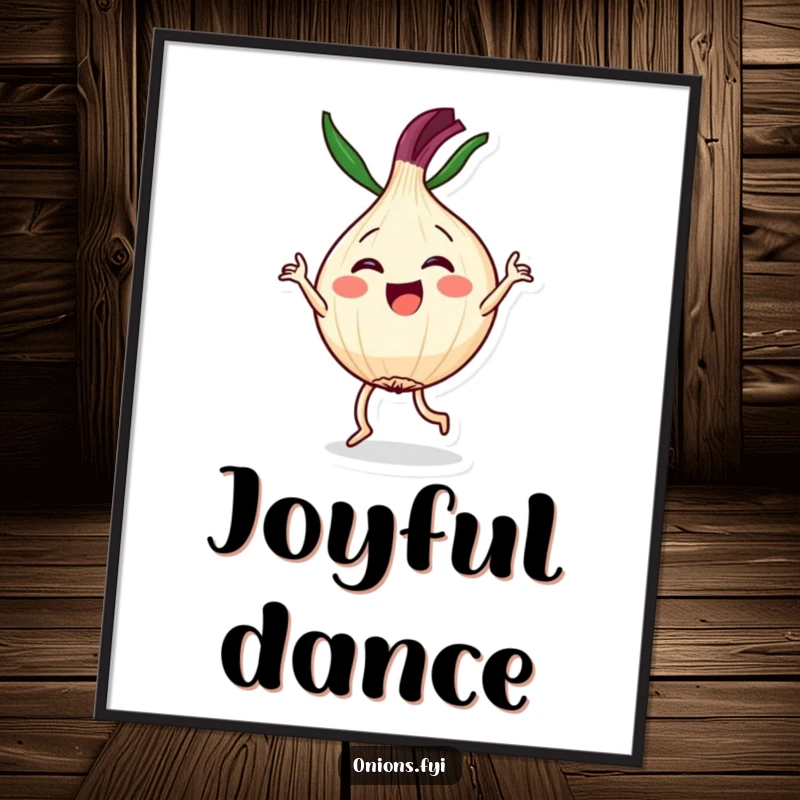 Funny digital art print of a Kawaii onion character joyfully performing a dramatic dance routine, ideal for humorous decor.