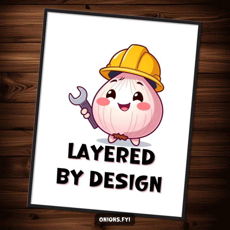 Funny onion character, construction helmet, wrench, humorous digital art print for home decor, instant download.