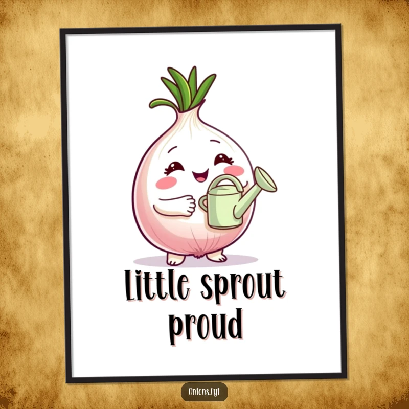 Funny Digital Art Print: Proud onion character holding a tiny watering can, radiating accomplishment and love for plants. A unique funny gift.