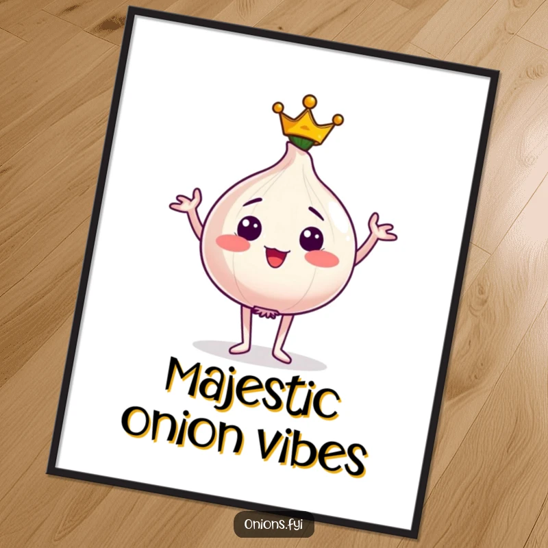 Funny digital art print of a proud onion character wearing a tiny crown and striking a regal pose, adding majestic flair.