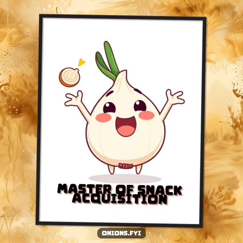 Funny onion character excited, arms outstretched catching onion slice, digital art, energetic wall decor, funny gift.