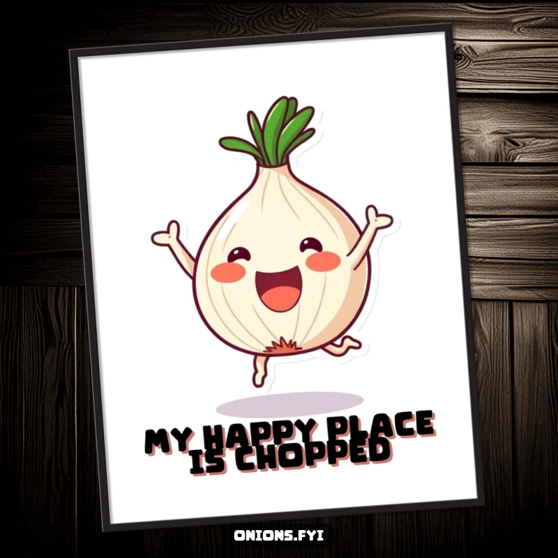 Funny Onion Digital Art Print: A kawaii onion joyfully displays fun shapes after being chopped, ready to cheer up a room.