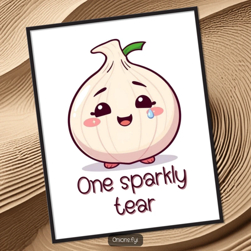 Funny digital art of a smiling onion character shedding a single, sparkly tear, perfect for adding emotional depth to decor.