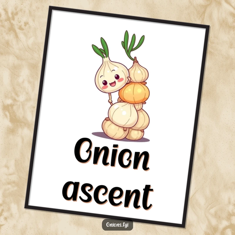 Funny digital art print of an onion character climbing a wobbly onion stack, symbolizing determination and life's humorous struggles. Instant download.