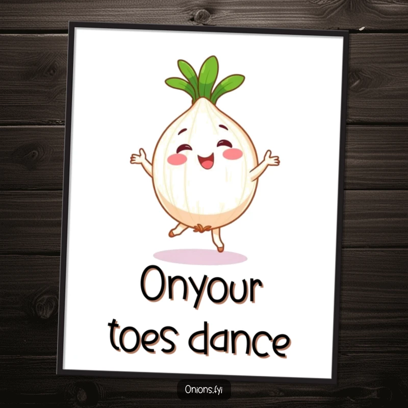 Funny digital art print of a happy onion character performing a silly jig, embodying pure vegetable joy and cheer.