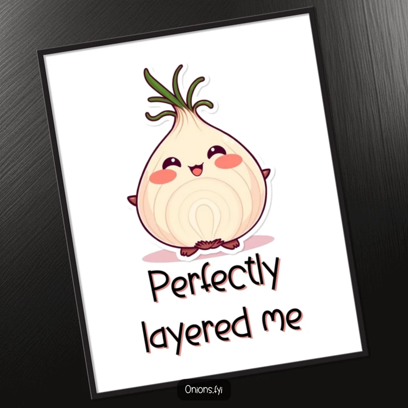 Funny onion character blushing proudly, displaying perfect layers, high-resolution digital art.