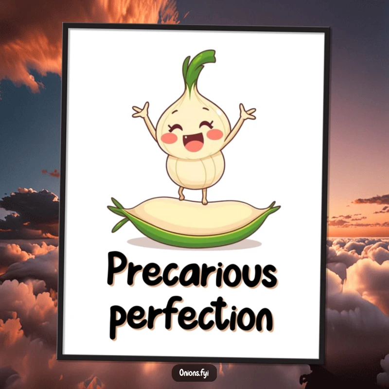 Funny onion character balancing on a rolling pea, humorous digital art print for home decor, instant download.