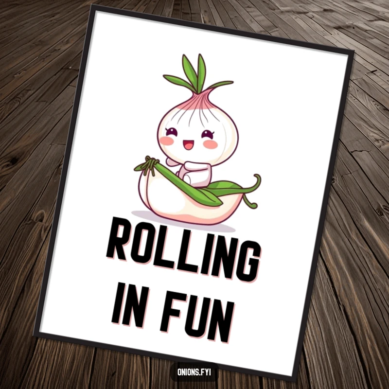 Funny Onion Digital Art: Playful onion character bounces on a tiny rolling pea, whimsical and humorous wall art.