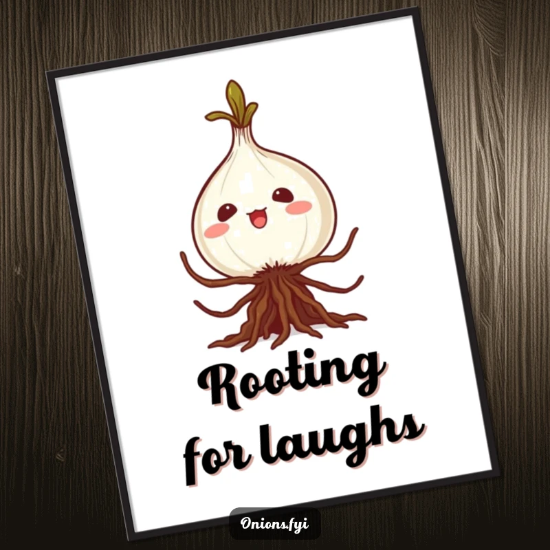 Funny kawaii onion digital art print, roots in a silly caper, instant download for humorous and charming wall decor.