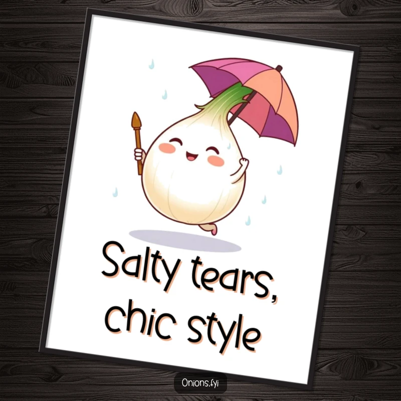 Funny digital art of an onion character dancing in salt rain under a tiny umbrella, a humorous and downloadable piece.