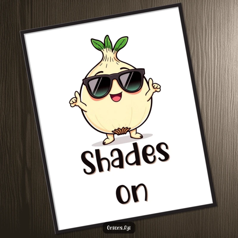 Funny kawaii onion character wearing sunglasses and striking a cool pose, as a digital art print for humorous and stylish decor.