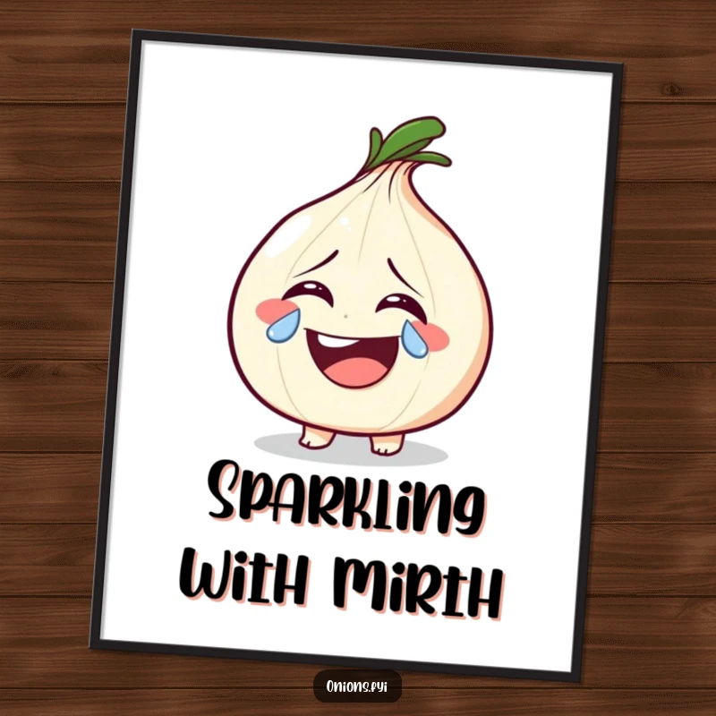 Funny onion character laughing with a sparkly tear, depicted as a digital art print, ready to bring joy to any room.