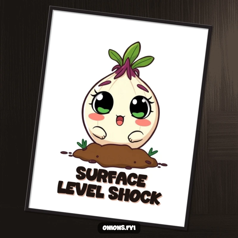 Funny onion character peeking from soil with wide, surprised eyes, digital art for humorous decor.