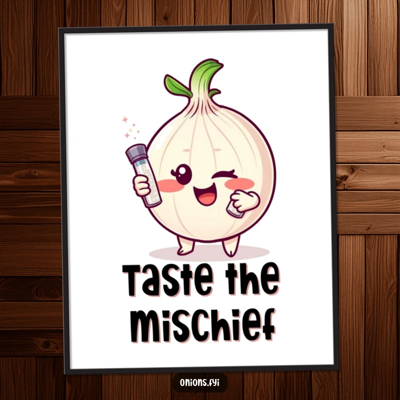 Funny Onion Digital Art: Mischievous onion character winks, offering a tiny salt shaker, instant humorous wall decor.