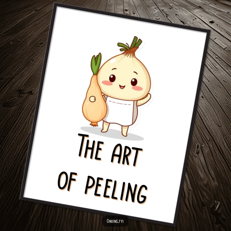 Funny digital art print of an onion chef in an apron proudly presenting a peeled root vegetable, humorous culinary illustration.