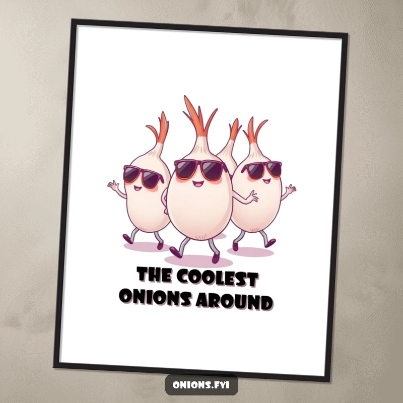 Funny onions wearing sunglasses dancing energetically, digital art, cool dancing wall decor, funny gift.