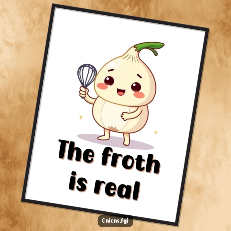 Funny digital art print of an onion character whisking a bubbly mixture, perfect for adding kitchen humor to any space.
