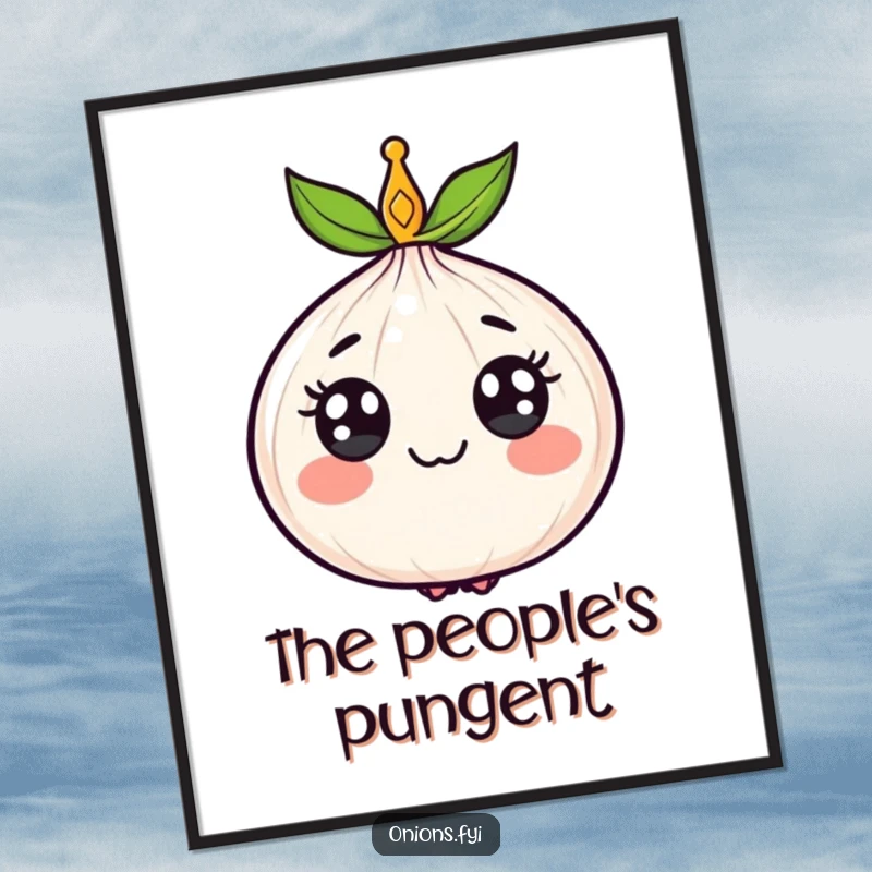 Funny digital art print of a cheerful, crowned onion, showcasing regal charm and humorous vegetable illustration.