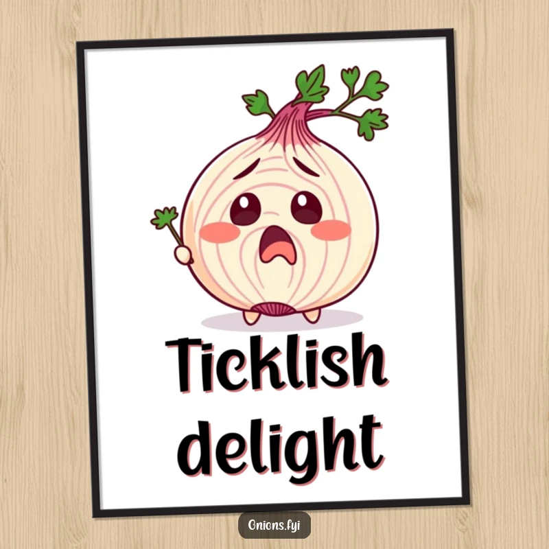 Funny digital art print of an onion character with exaggerated surprise, being tickled by parsley, ideal for humorous digital decor.